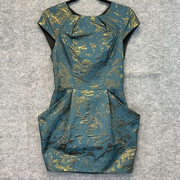 ALL SAINTS Dress Size 4 Opulence Teal Bronze Jacquard Cap Sleeve Cocktail Mini - Picture 2 of 16
